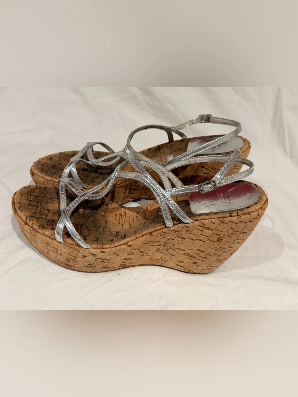 Stuart Weitzman Silver Metallic Strappy Cork Wedge Sandals - Picture 1 of 10